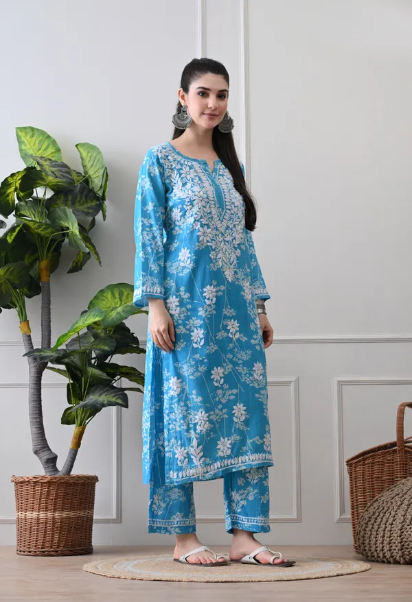 Hand_Embroidered_Chikankari_Mulmul_Plazo_Set-Blue