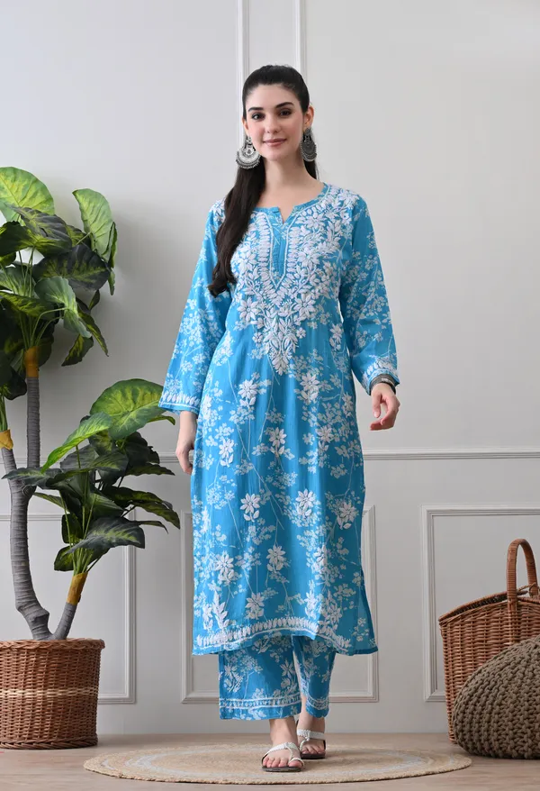 Hand_Embroidered_Chikankari_Mulmul_Plazo_Set-Blue
