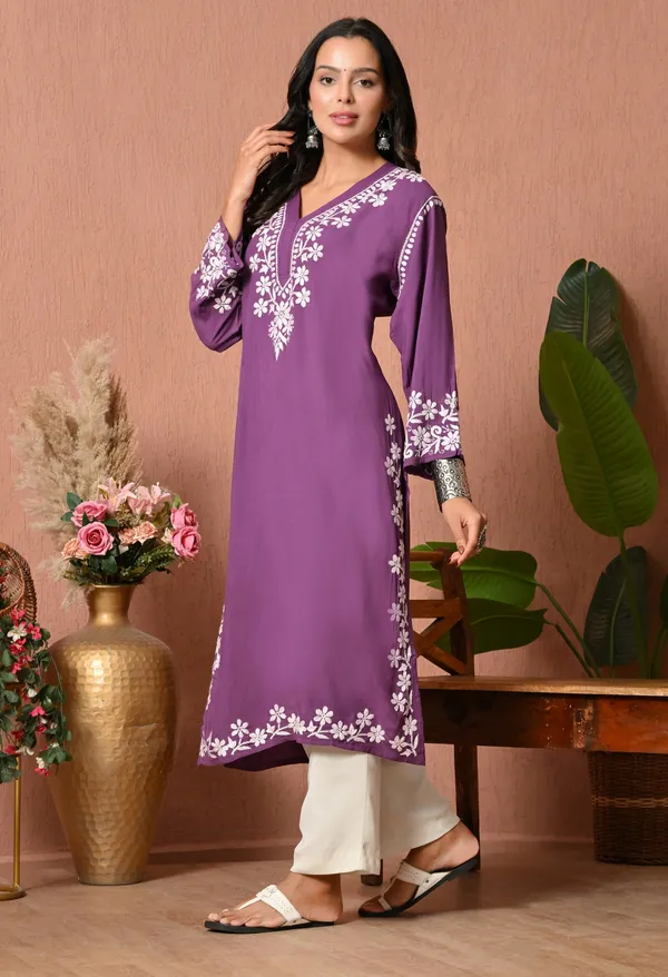 Syrish_Elegance_Handcrafted_Rayon_Chikankari_Kurta-Purple