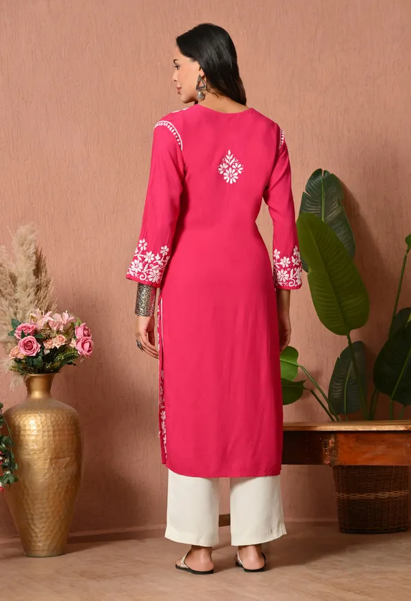 Syrish_Elegance_Handcrafted_Rayon_Chikankari_Kurta-_Rani_Pink
