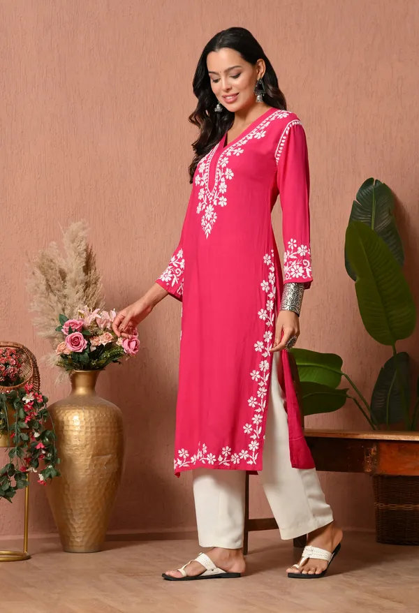 Syrish_Elegance_Handcrafted_Rayon_Chikankari_Kurta-_Rani_Pink