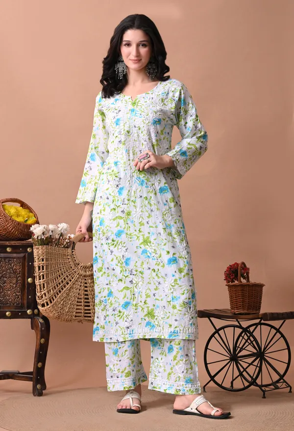Syrish_White_&_Blue_Floral_Hand-Embroidered_Chikankari_Mulmul_Kurta_Set