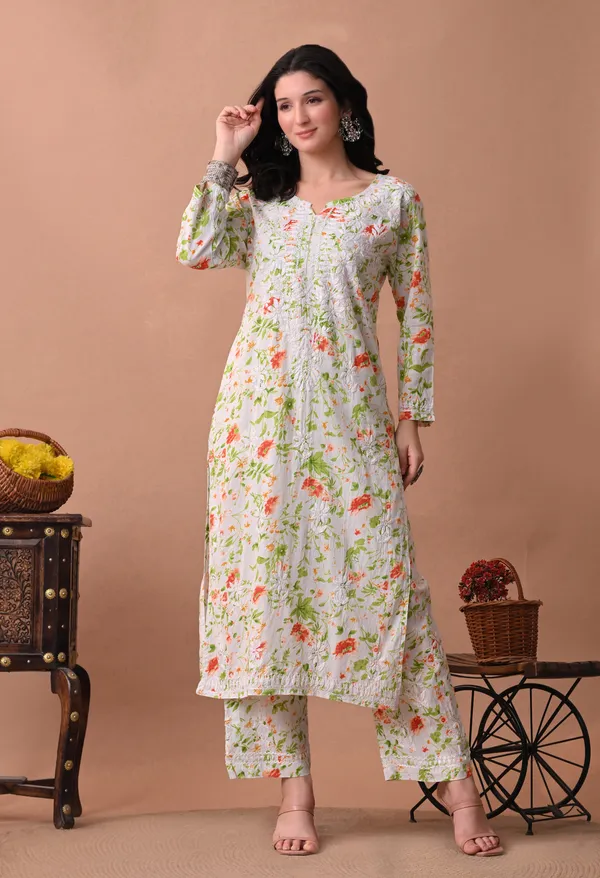 Syrish_White_&_Orange_Floral_Hand-Embroidered_Chikankari_Mulmul_Kurta_Set