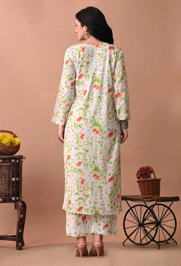 Syrish_White_&_Orange_Floral_Hand-Embroidered_Chikankari_Mulmul_Kurta_Set