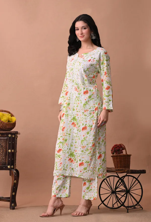 Syrish_White_&_Orange_Floral_Hand-Embroidered_Chikankari_Mulmul_Kurta_Set