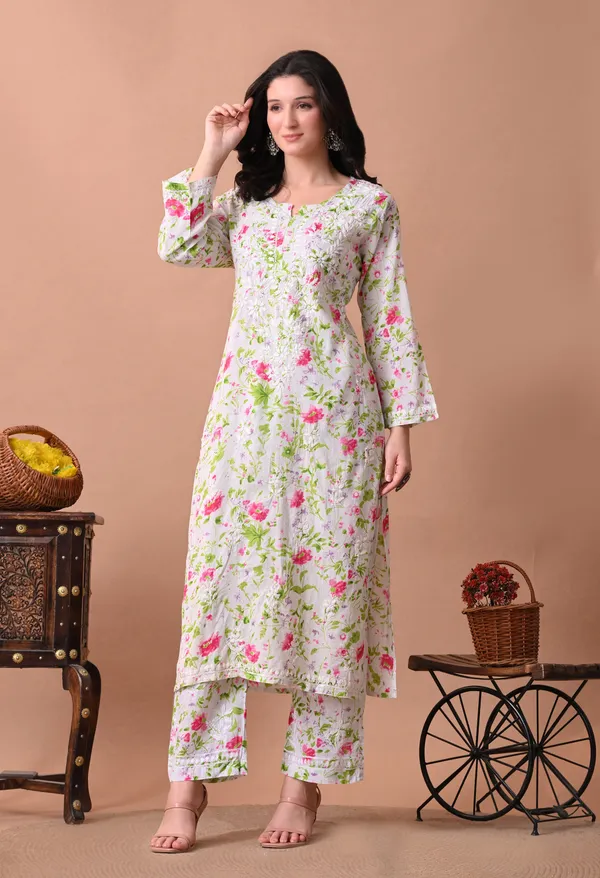 Syrish_White_&_Pink_Floral_Hand-Embroidered_Chikankari_Mulmul_Kurta_Set