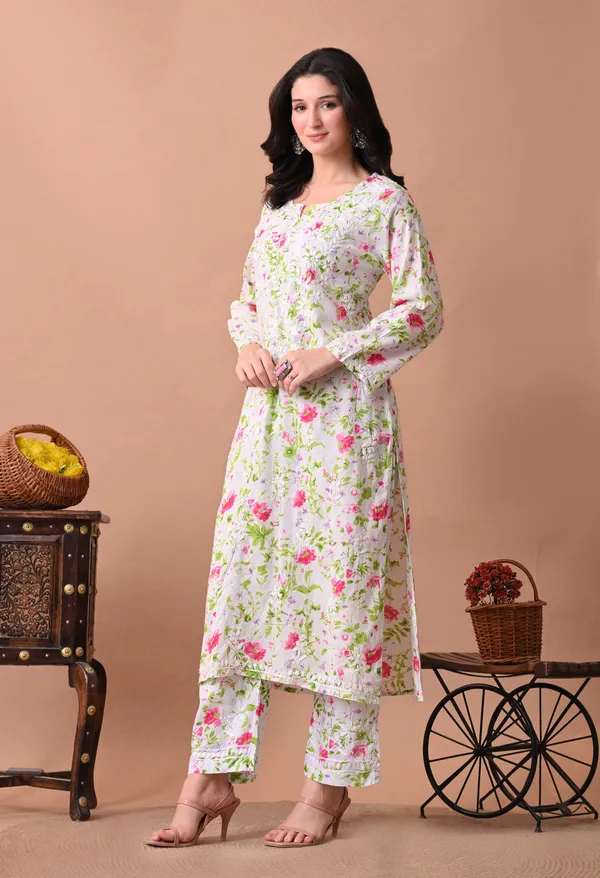 Syrish_White_&_Pink_Floral_Hand-Embroidered_Chikankari_Mulmul_Kurta_Set
