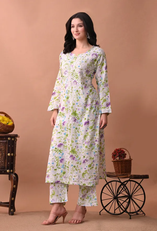 Syrish_White_&_Purple_Floral_Hand-Embroidered_Chikankari_Mulmul_Kurta_Set