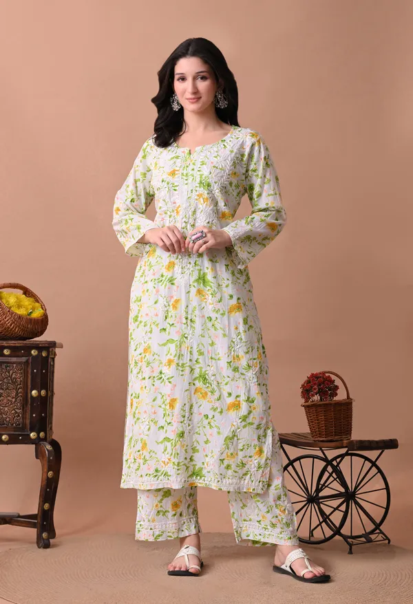 Syrish_White_&_Yellow_Floral_Hand-Embroidered_Chikankari_Mulmul_Kurta_Set