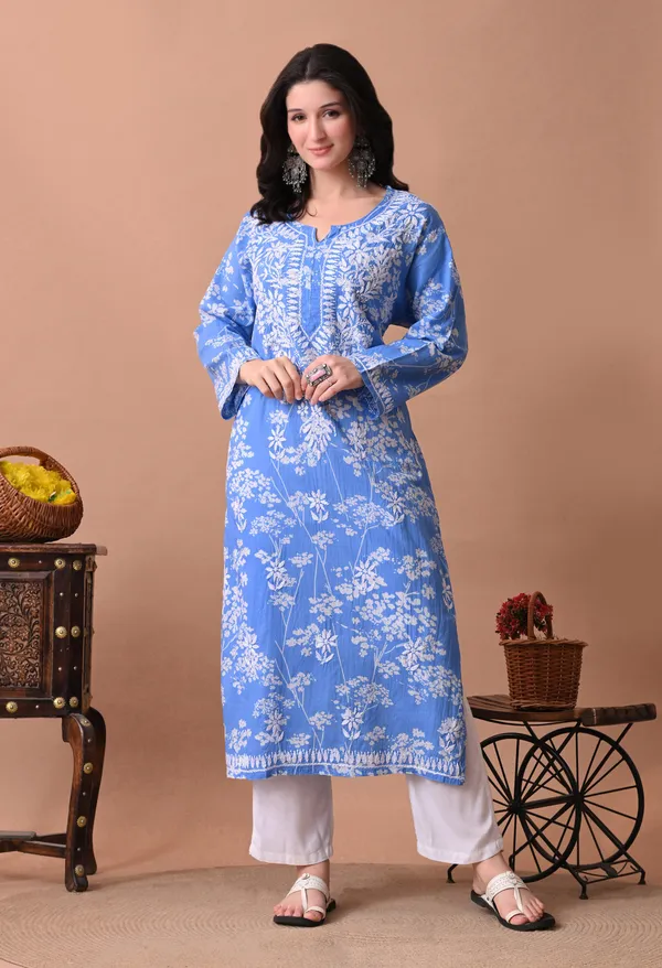Syrish_Meher_Blue_Chikankari_Straight_Kurta