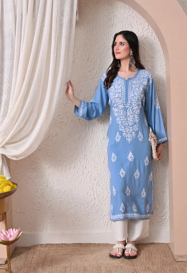 Syrish_Elegance_Handcrafted_Rayon_Chikankari_Kurta-_Blue
