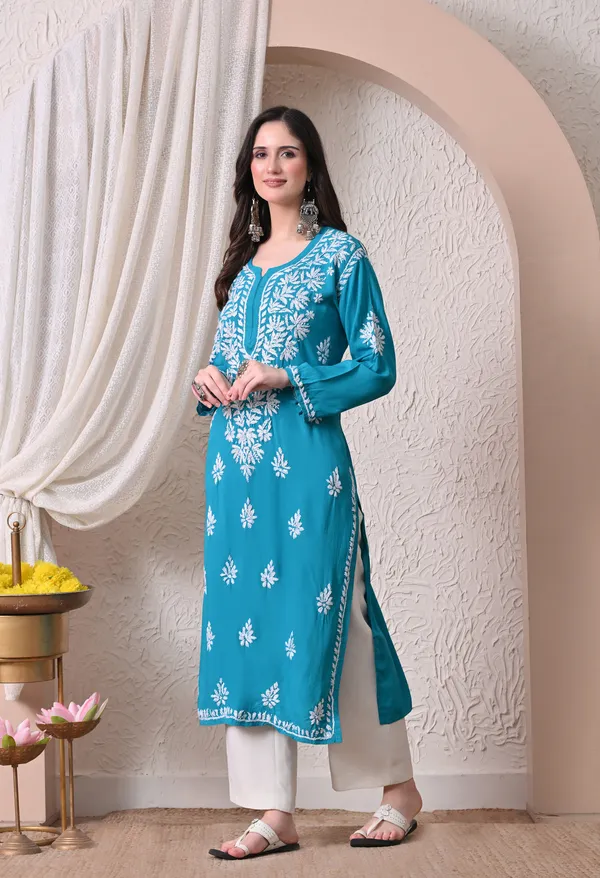 Syrish_Elegance_Handcrafted_Rayon_Chikankari_Kurta-_Firozi_Blue