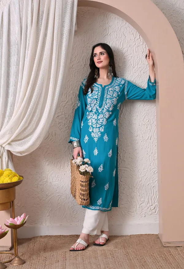 Syrish_Elegance_Handcrafted_Rayon_Chikankari_Kurta-_Firozi_Blue