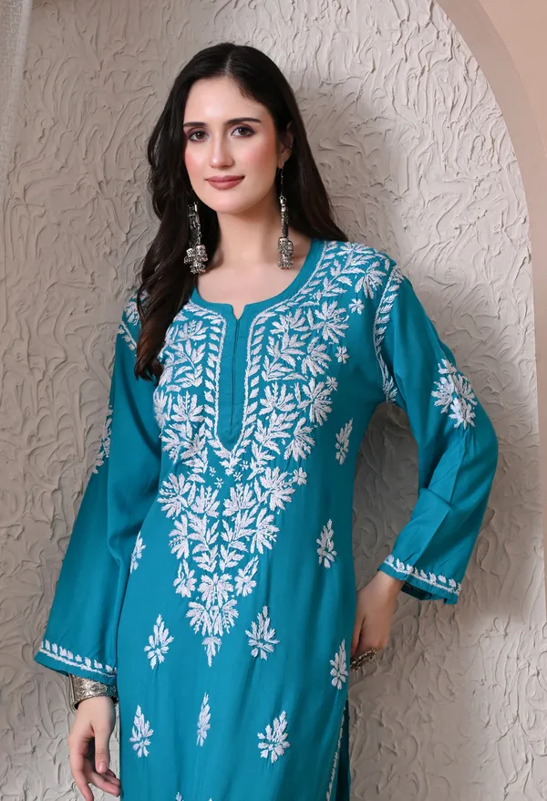 Syrish_Elegance_Handcrafted_Rayon_Chikankari_Kurta-_Firozi_Blue