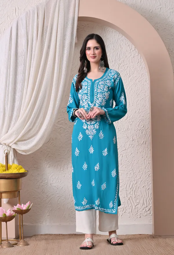 Syrish_Elegance_Handcrafted_Rayon_Chikankari_Kurta-_Firozi_Blue