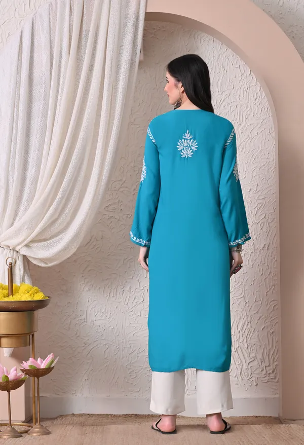 Syrish_Elegance_Handcrafted_Rayon_Chikankari_Kurta-_Firozi_Blue