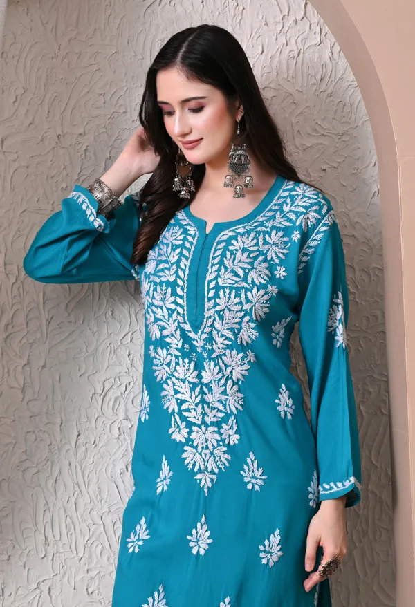 Syrish_Elegance_Handcrafted_Rayon_Chikankari_Kurta-_Firozi_Blue