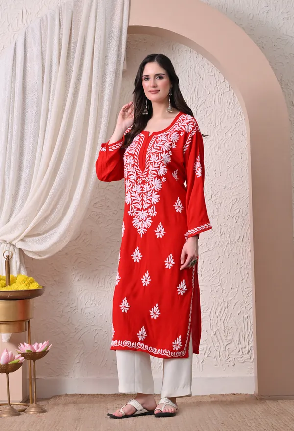 Syrish_Elegance_Handcrafted_Rayon_Chikankari_Kurta-_Red
