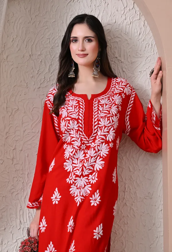 Syrish_Elegance_Handcrafted_Rayon_Chikankari_Kurta-_Red