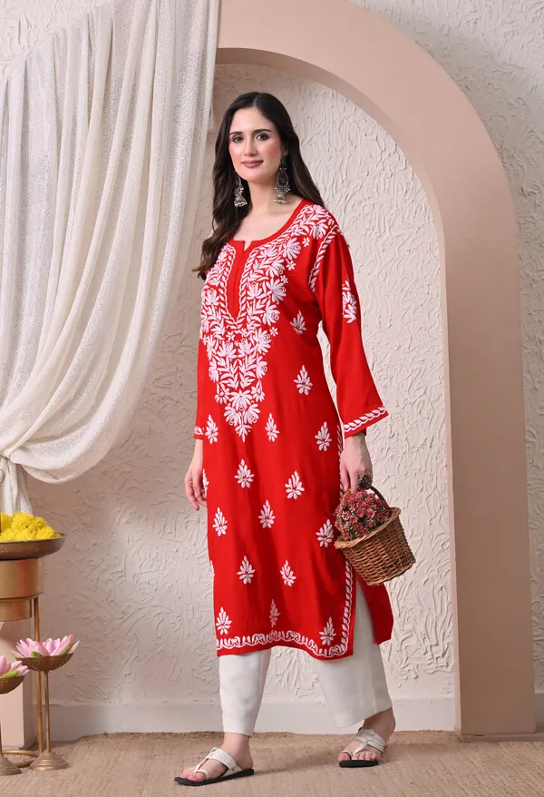 Syrish_Elegance_Handcrafted_Rayon_Chikankari_Kurta-_Red