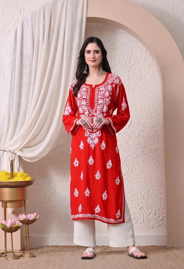 Syrish_Elegance_Handcrafted_Rayon_Chikankari_Kurta-_Red