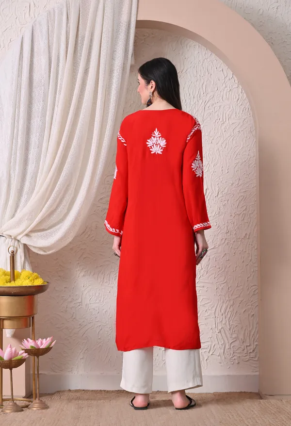 Syrish_Elegance_Handcrafted_Rayon_Chikankari_Kurta-_Red