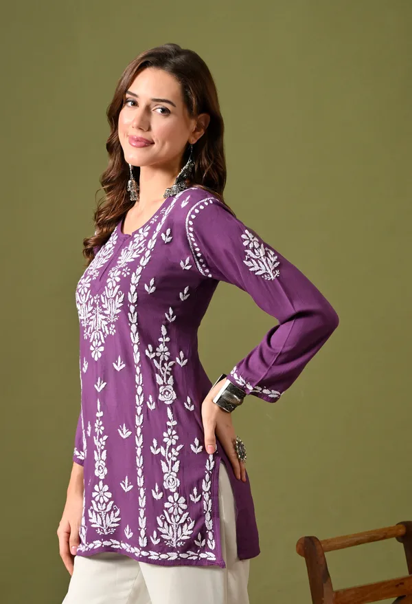 Lucknowi_Chikankari_Short_Kurta_in_Rayon_-_Mauve