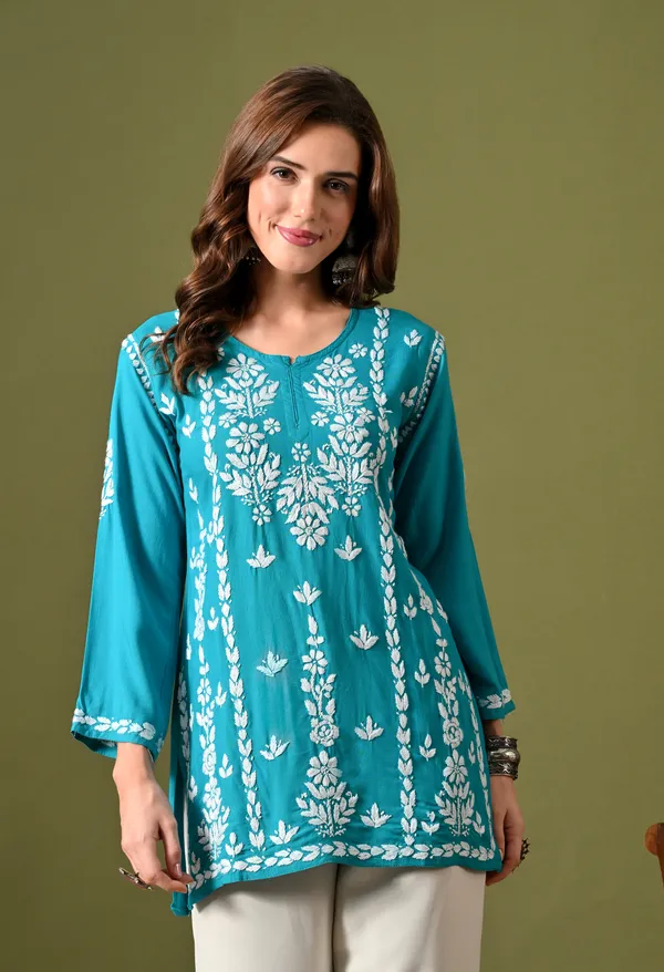 Lucknowi_Chikankari_Short_Kurta_in_Rayon_-_Firozi