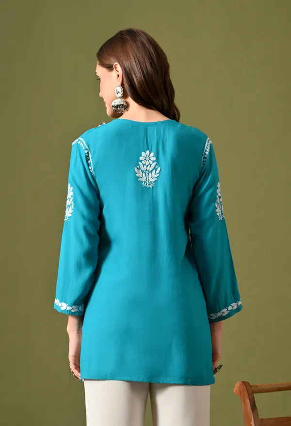 Lucknowi_Chikankari_Short_Kurta_in_Rayon_-_Firozi