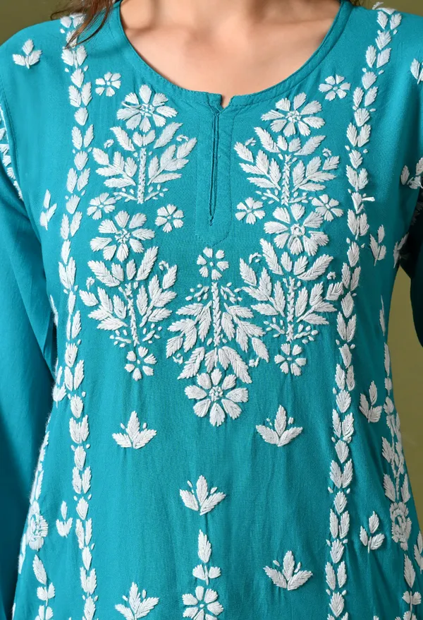 Lucknowi_Chikankari_Short_Kurta_in_Rayon_-_Firozi