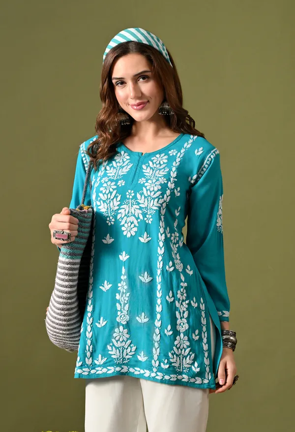 Lucknowi_Chikankari_Short_Kurta_in_Rayon_-_Firozi