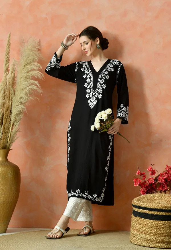 Hand-Embroidered_Chikankari_Rayon_Straight_Kurta_�_Black