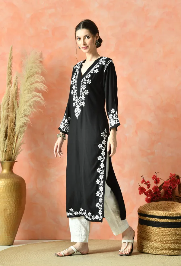 Hand-Embroidered_Chikankari_Rayon_Straight_Kurta_�_Black