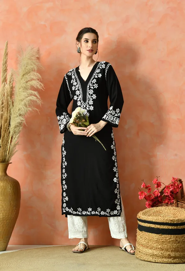 Hand-Embroidered_Chikankari_Rayon_Straight_Kurta_�_Black
