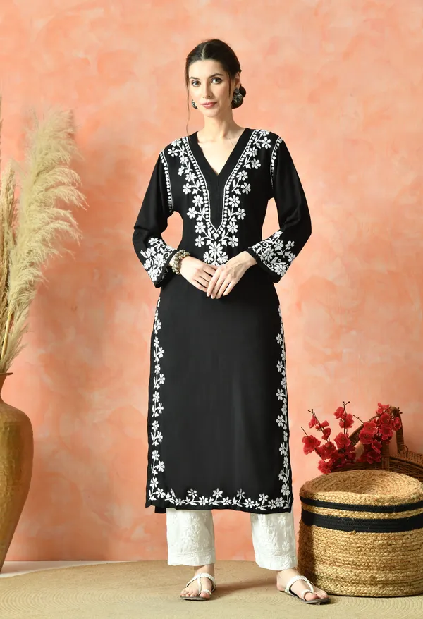 Hand-Embroidered_Chikankari_Rayon_Straight_Kurta_�_Black