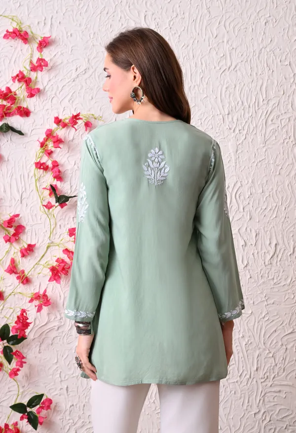 Lucknowi_Chikankari_Short_Kurta_in_Rayon_-_Green