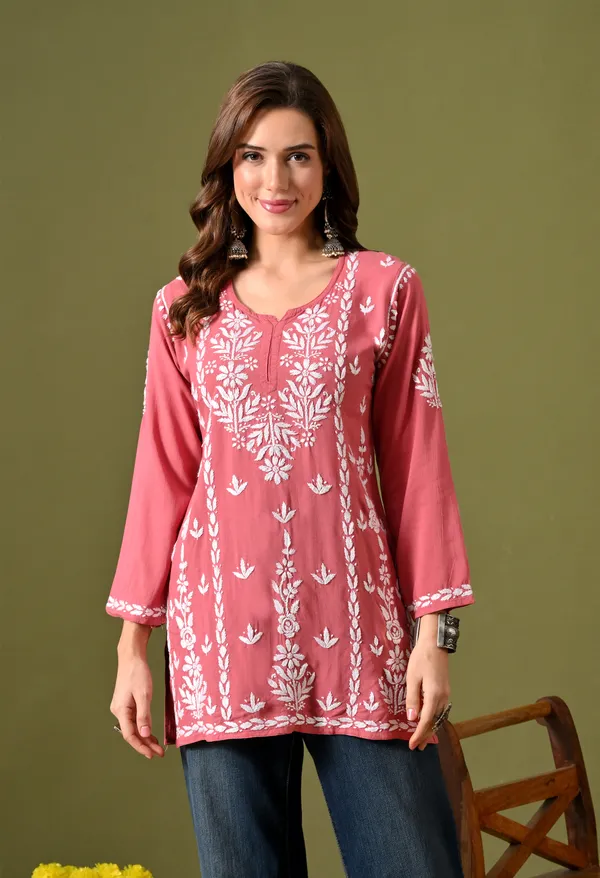 Lucknowi_Chikankari_Short_Kurta_in_Rayon_-_Peach_Pink