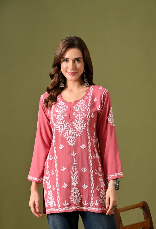 Lucknowi_Chikankari_Short_Kurta_in_Rayon_-_Peach_Pink