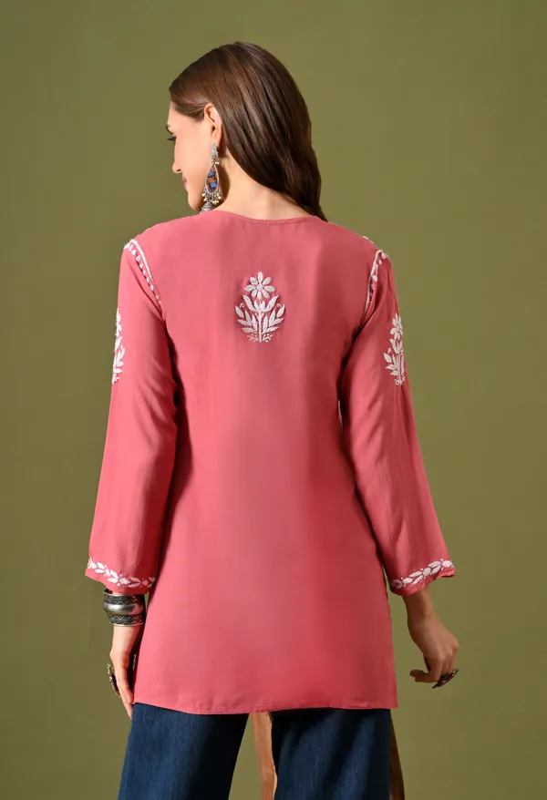 Lucknowi_Chikankari_Short_Kurta_in_Rayon_-_Peach_Pink