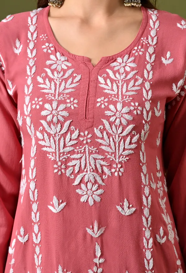 Lucknowi_Chikankari_Short_Kurta_in_Rayon_-_Peach_Pink