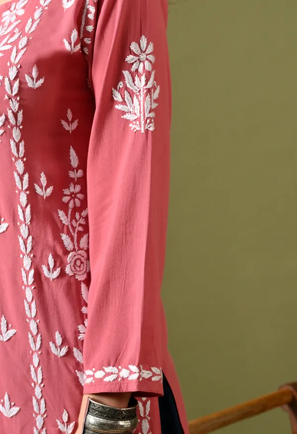 Lucknowi_Chikankari_Short_Kurta_in_Rayon_-_Peach_Pink