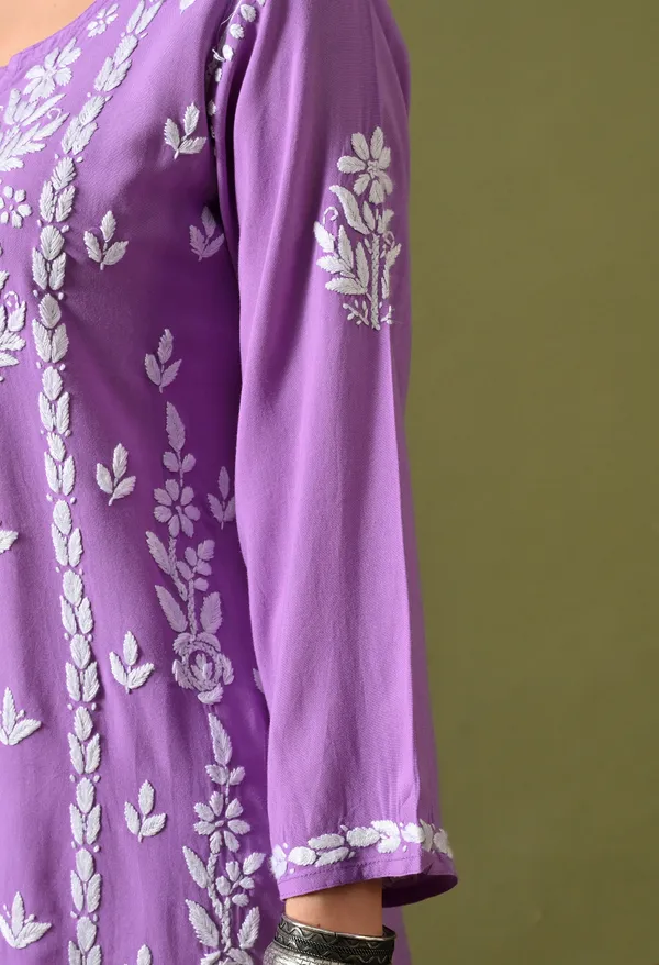 Lucknowi_Chikankari_Short_Kurta_in_Rayon_-_Purple
