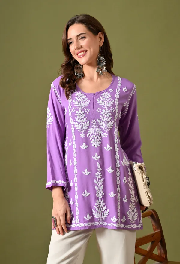 Lucknowi_Chikankari_Short_Kurta_in_Rayon_-_Purple