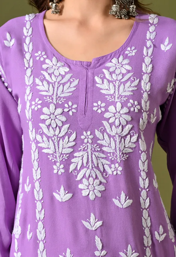 Lucknowi_Chikankari_Short_Kurta_in_Rayon_-_Purple