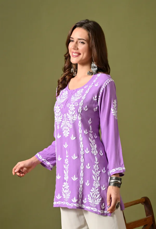 Lucknowi_Chikankari_Short_Kurta_in_Rayon_-_Purple