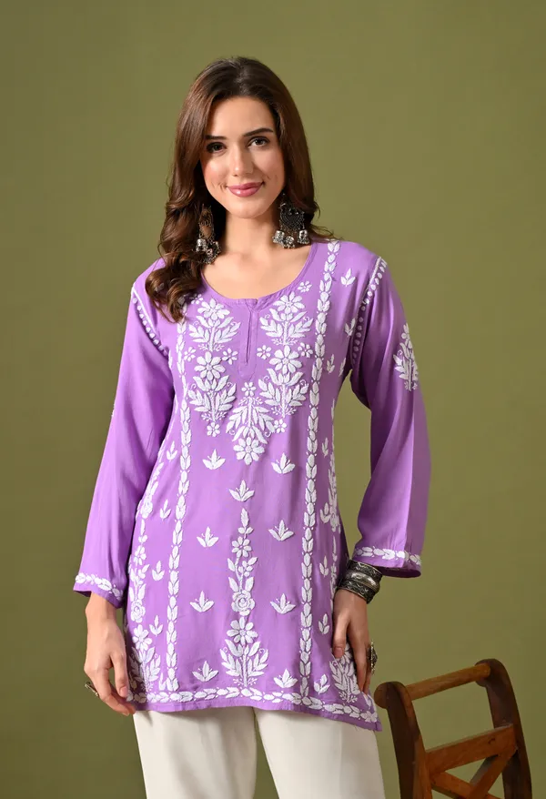Lucknowi_Chikankari_Short_Kurta_in_Rayon_-_Purple