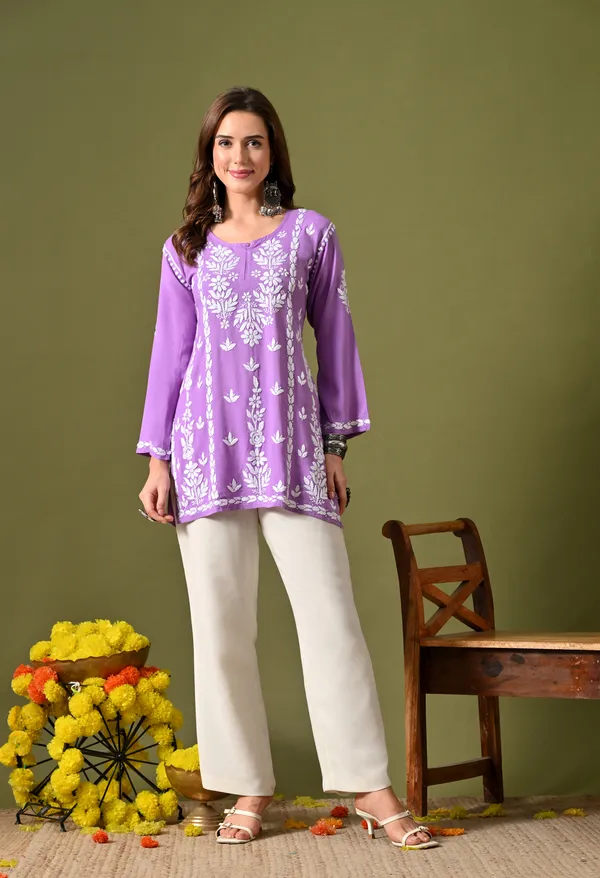 Lucknowi_Chikankari_Short_Kurta_in_Rayon_-_Purple