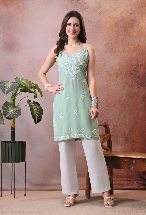 Syrish_Sea_Green_Hand_Embroidered_Chikankari_Spaghetti_Strap_Kurti