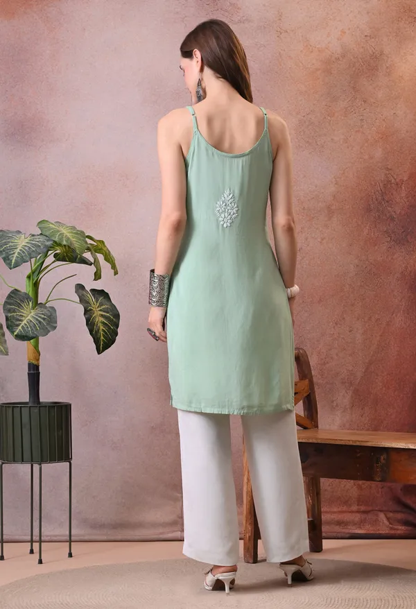 Syrish_Sea_Green_Hand_Embroidered_Chikankari_Spaghetti_Strap_Kurti