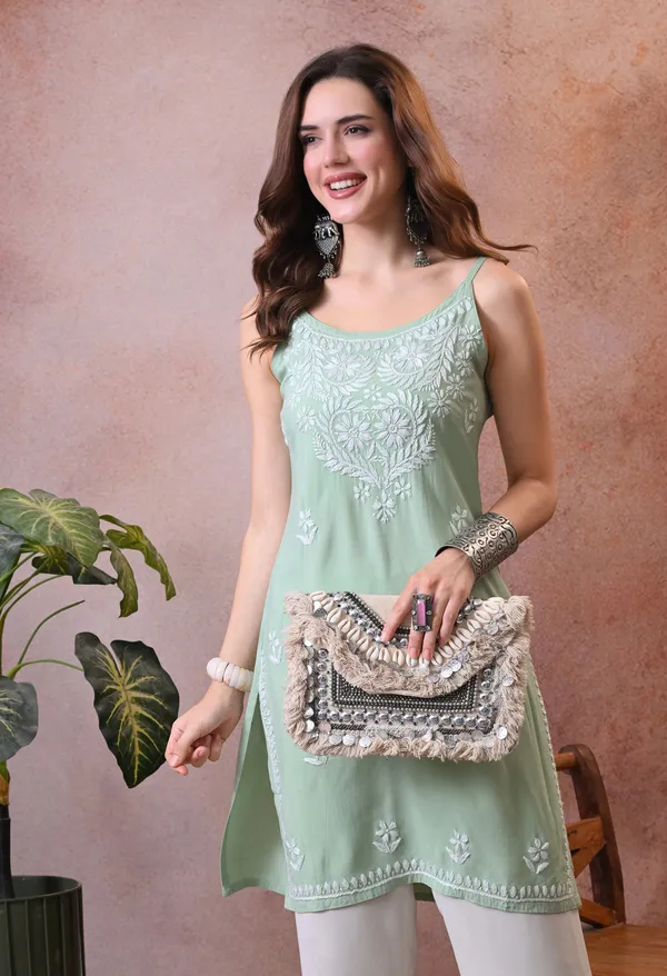 Syrish_Sea_Green_Hand_Embroidered_Chikankari_Spaghetti_Strap_Kurti
